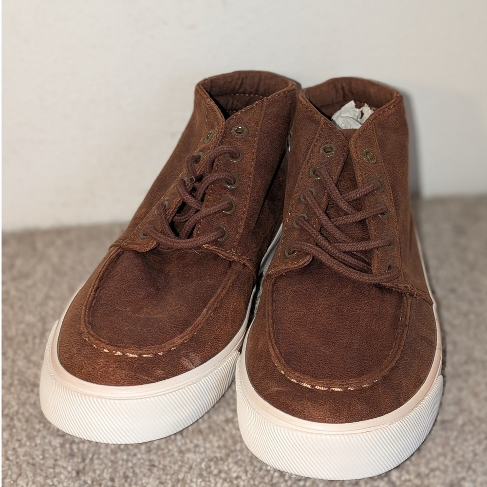 Old Navy Mens Moc Toe‎ Chukka Sneakers Tan Brown Faux Leather Mid Top Size 6 NWT